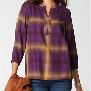 J. Jill | Soft-brushed Plaid Popover Top Blouse Purple Size S
